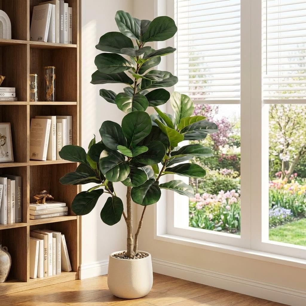 Ficus Lyrata Tree - ต้นไม้ประดิษฐ์ฟิดเดิลลีฟฟิก - ต้นไม้ฟิคัส ลีราตาเทียมที่ดูสมจริงพร้อมกระถางสีขาว ต้นไม้ปลอมสำหรับตกแต่งพื้นภายในบ้าน ต้นไม้สีเขียวขนาดใหญ่สำหรับตกแต่งบ้าน